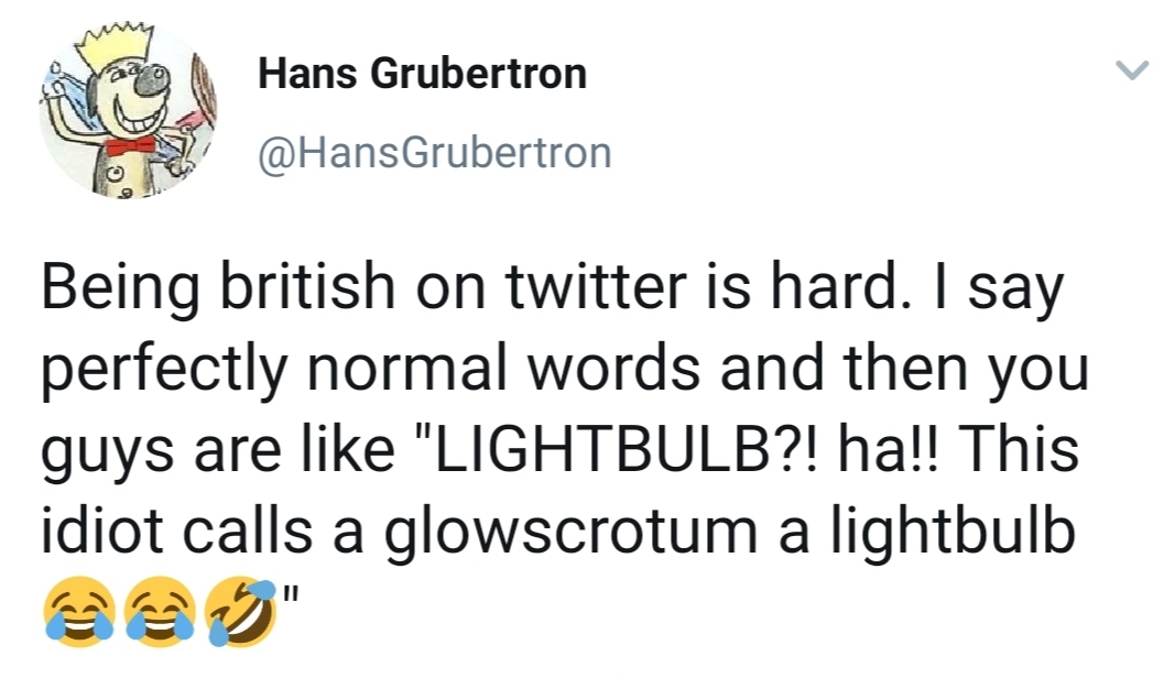 icon - Hans Grubertron Being british on twitter is hard. I say perfectly normal words and then you guys are