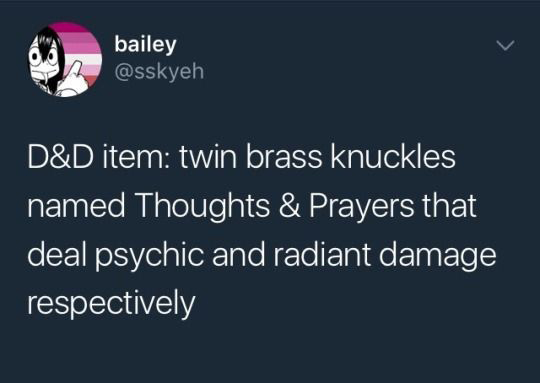 dungeons and dragons memes - D&D item twin brass knuckles named Thoughts & Prayers that deal psychic and radiant damage respectively