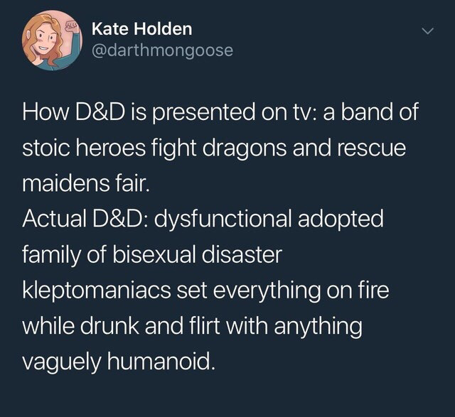 dungeons and dragons memes - Kate Holden How D&D is presented on tv a band of stoic heroes fight dragons and rescue maidens fair. Actual D&D dysfunctional adopted family of bisexual disaster kleptomaniacs set everything on fire while drunk and flirt with 