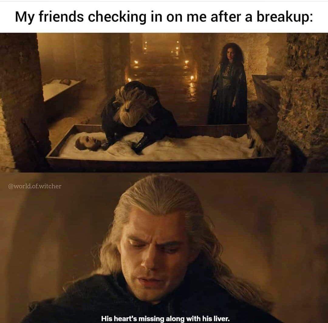 witcher memes - My friends checking in on me after a breakup His heart's missing along with his liver.
