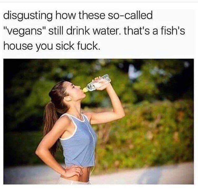 vegan meme - disgusting how these socalled "vegans" still drink water. that's a fish's house you sick fuck.