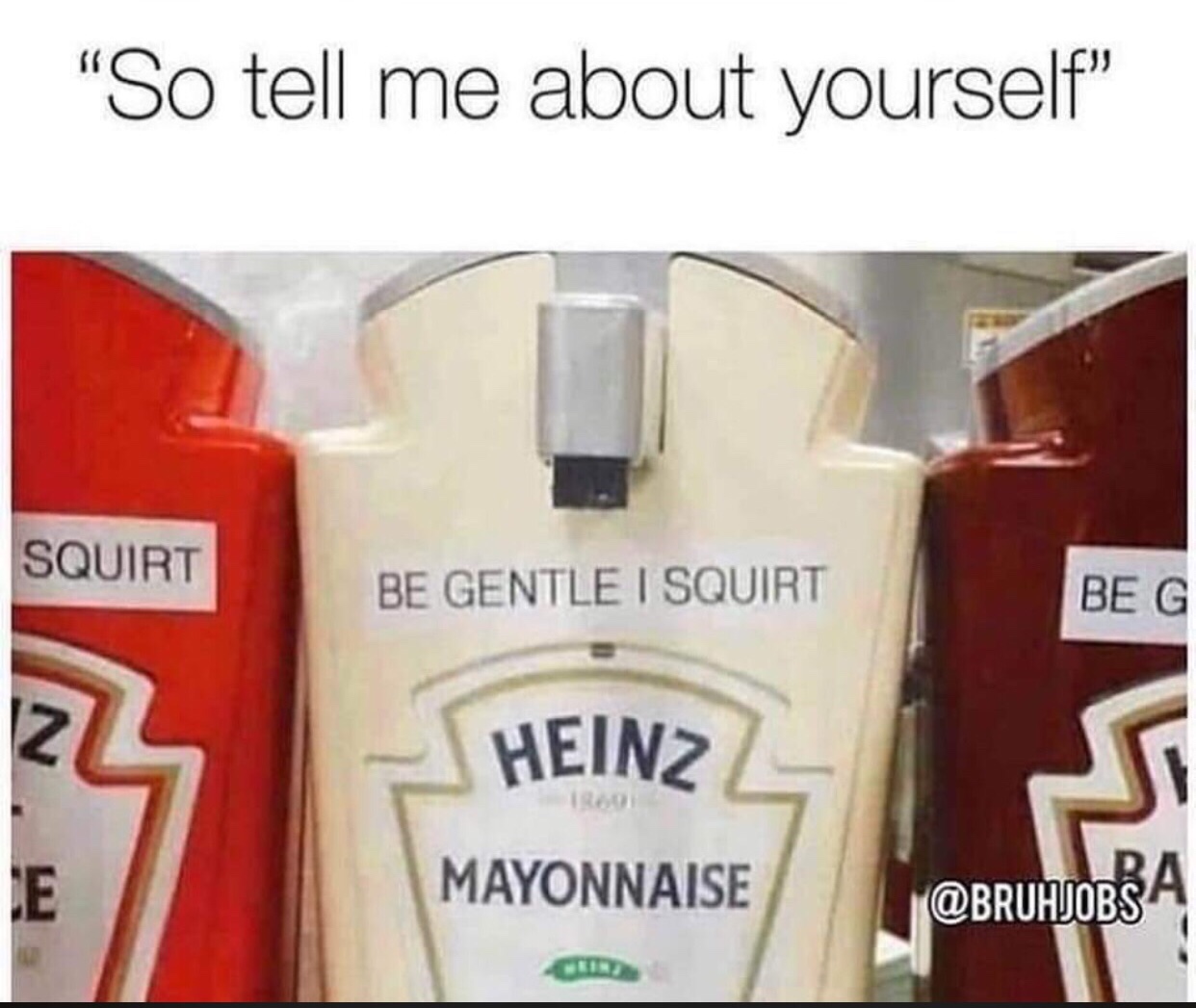squirt meme - "So tell me about yourself Squirt Be Gentle I Squirt Beg Heinz Mayonnaise