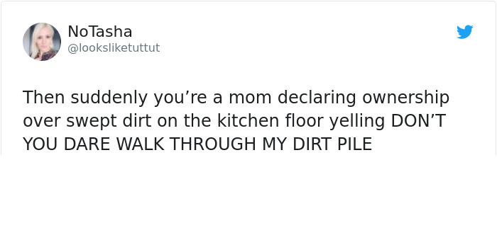 document - No Tasha Then suddenly you're a mom declaring ownership over swept dirt on the kitchen floor yelling Don'T You Dare Walk Through My Dirt Pile