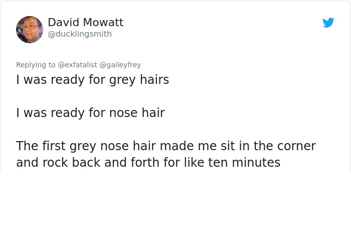 document - David Mowatt I was ready for grey hairs I was ready for nose hair The first grey nose hair made me sit in the corner and rock back and forth for ten minutes
