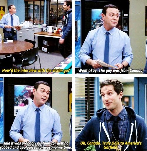 brooklyn nine nine best quotes - How'd the interview with the victim go? Went okay. The guy was from Canada, said it was probably his fault for getting robbed and apologized for wasting my time. Oh, Canada. Truly Odie to America's Garfield