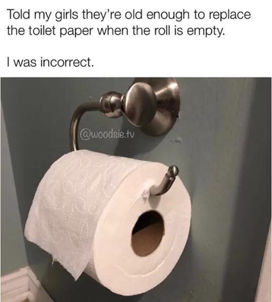 Toilet paper - Told my girls they're old enough to replace the toilet paper when the roll is empty. I was incorrect. .tv