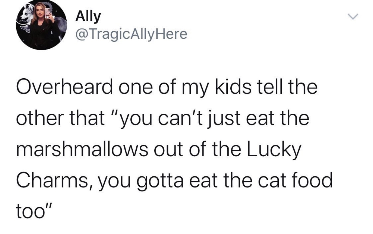 point - 65. Ally Overheard one of my kids tell the other that "you can't just eat the marshmallows out of the Lucky Charms, you gotta eat the cat food too"