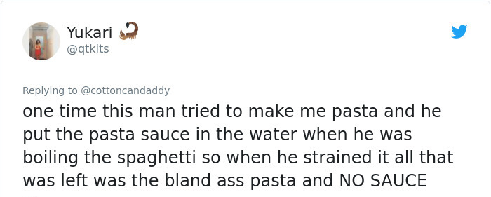 document - Yukari one time this man tried to make me pasta and he put the pasta sauce in the water when he was boiling the spaghetti so when he strained it all that was left was the bland ass pasta and No Sauce