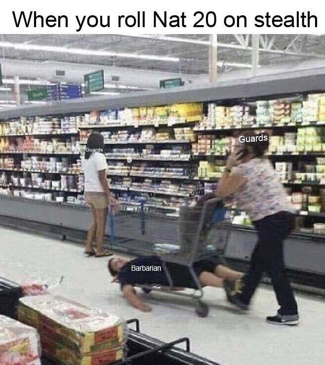 your mom forces you to go grocery shopping - When you roll Nat 20 on stealth Guards Guards Barbarian