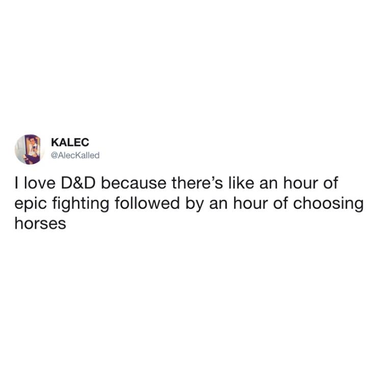 Kalec I love D&D because there's an hour of epic fighting ed by an hour of choosing horses