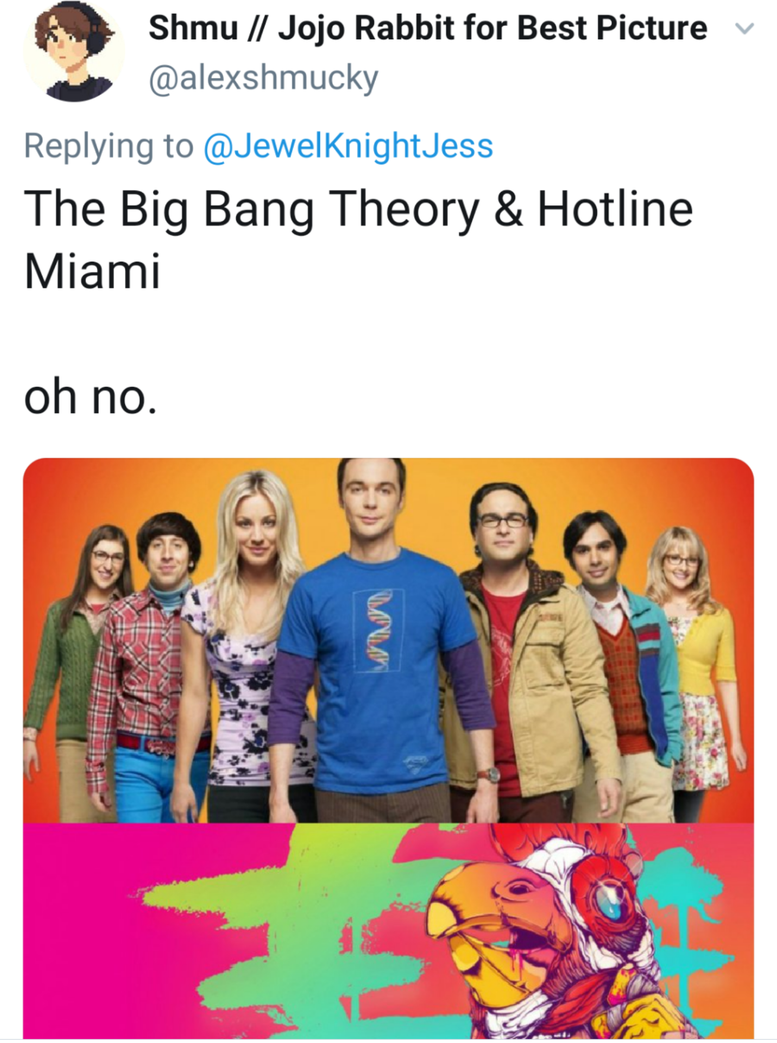Shmu Jojo Rabbit for Best Picture The Big Bang Theory & Hotline Miami oh no. Lt