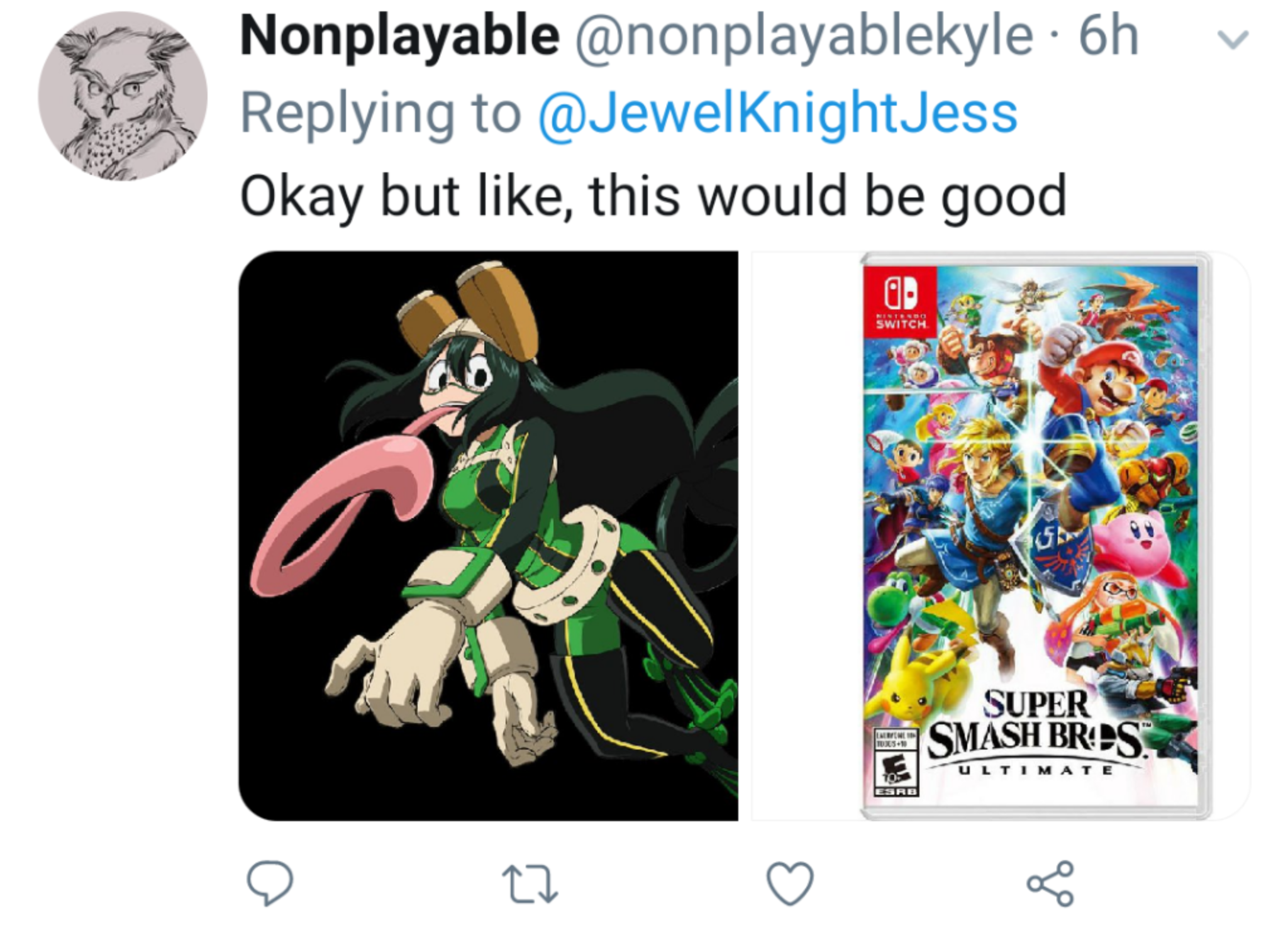 v Nonplayable . 6h Okay but , this would be good Switch Super Smash Bros Ultimate E