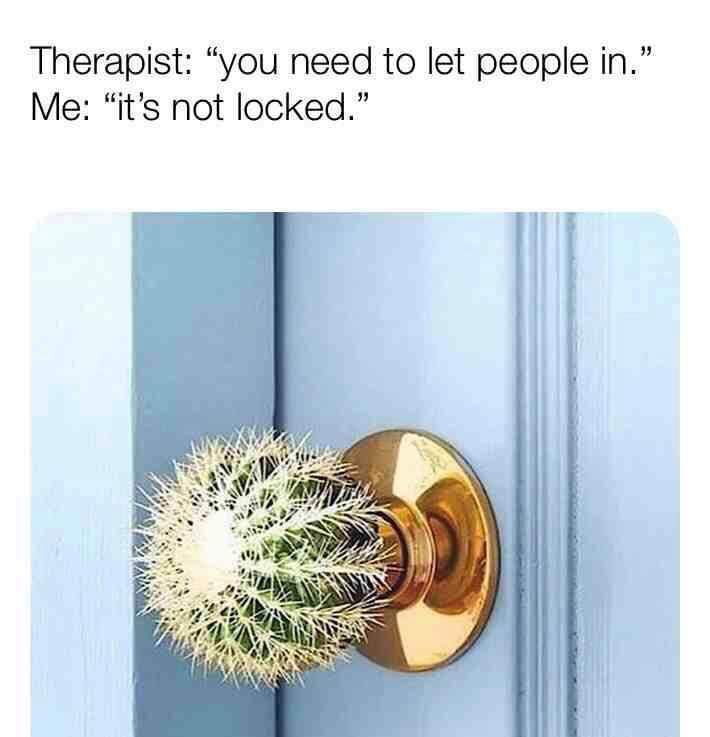 cactus door knob meme - Therapist "you need to let people in." Me "it's not locked." Val