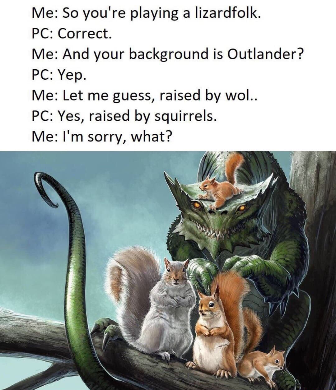 dnd lizardfolk memes - Me So you're playing a lizardfolk. Pc Correct. Me And your background is Outlander? Pc Yep. Me Let me guess, raised by wol.. Pc Yes, raised by squirrels. Me I'm sorry, what?