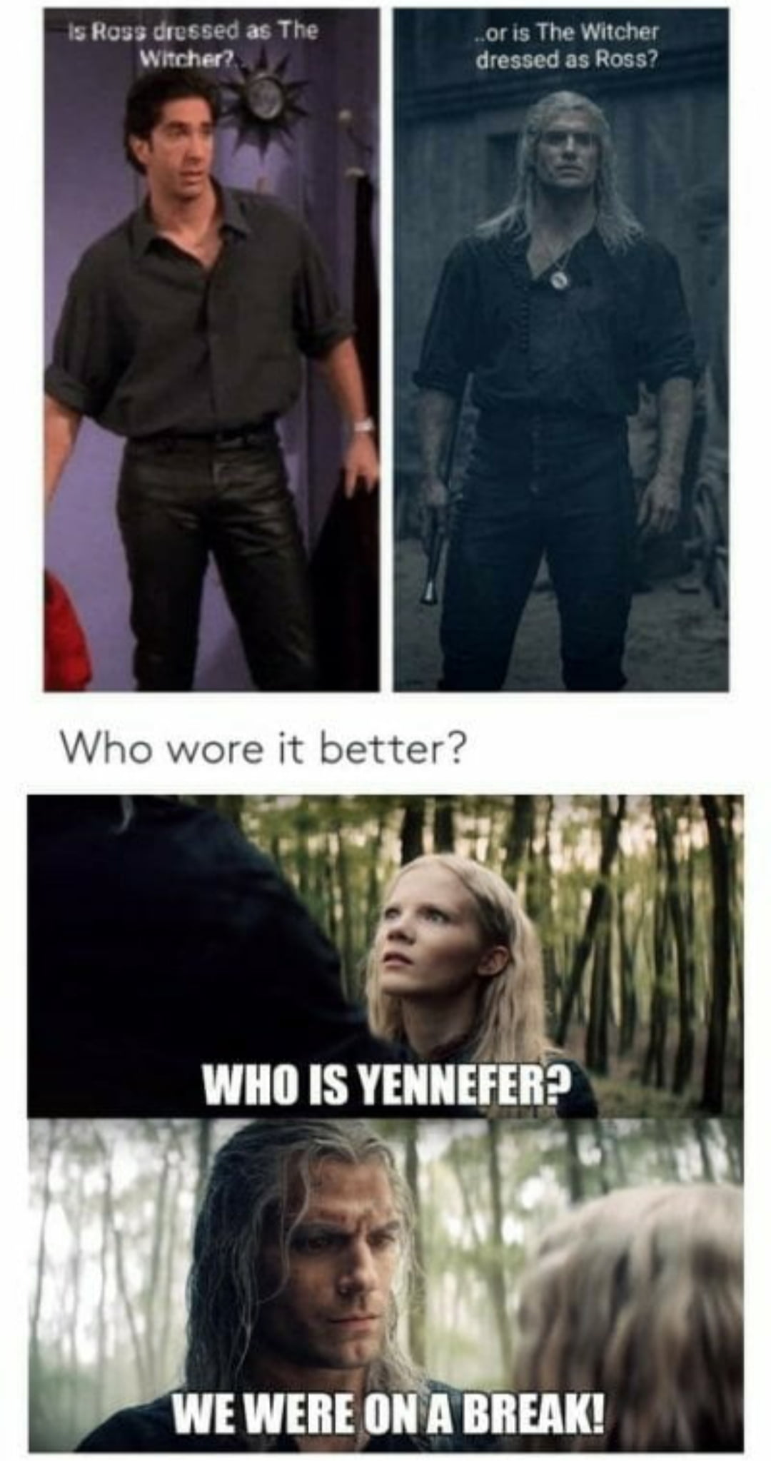 witcher ross meme - 'Is Ross dressed as The Witcher? or is The Witcher dressed as Ross? Who wore it better? Who Is Yennefer? We Were On A Break!