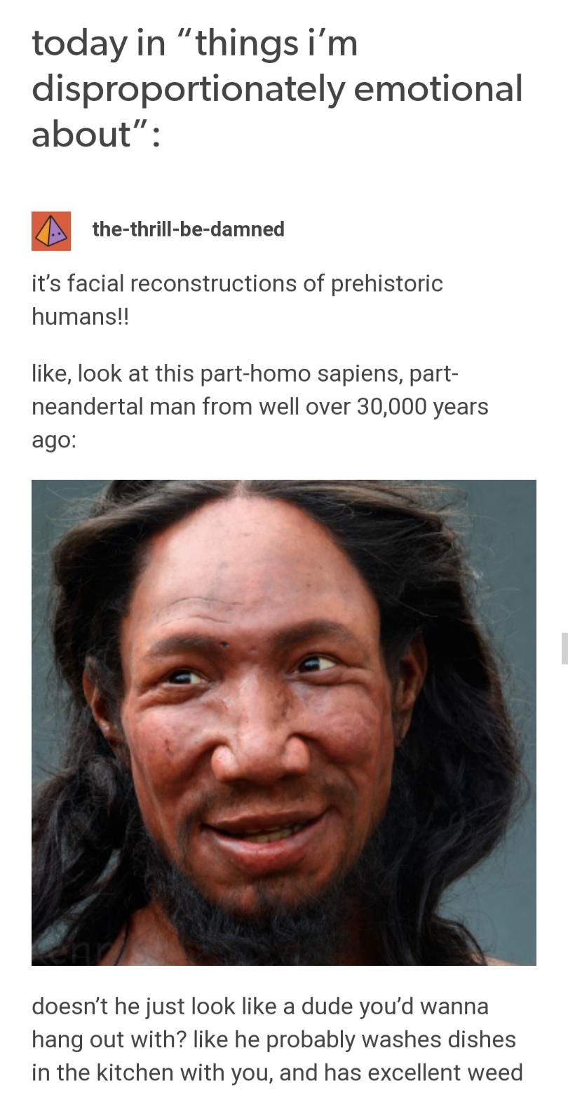 smile - today in things i'm disproportionately emotional about  thethrillbedamned it's facial reconstructions of prehistoric humans!! , look at this parthomo sapiens, part neandertal man from well over 30,000 years ago doesn't he just look a dude you'd wa