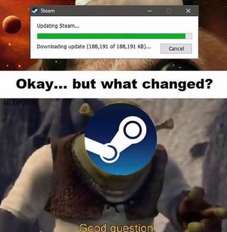 steam memes - Steam Ex Updating Steam... Downloading update 188,191 of 188,191 Kb... Cancel Okay... but what changed? ubroto Good question