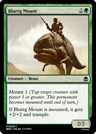 mtg prophet of the peak - Silen Blurrg Mount Creature Beast Mount 1 Tap target creature with power 1 or greater. This permanent becomes mounted until end of turn. If Blurrg Mount is mounted, it gets 22 and trample. 22 012020C Mnd. En Lucasfilm Schw877