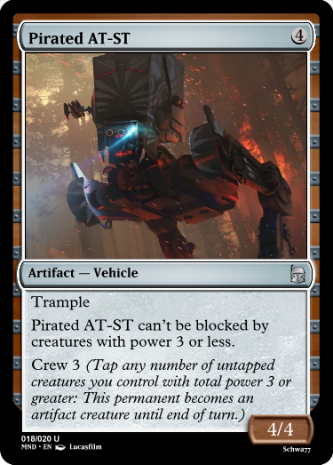 mandalorian concept art - Pirated AtSt Artifact Vehicle Trample Pirated AtSt can't be blocked by creatures with power 3 or less. Crew 3 Tap any number of untapped creatures you control with total power 3 or greater This permanent becomes an artifact creat