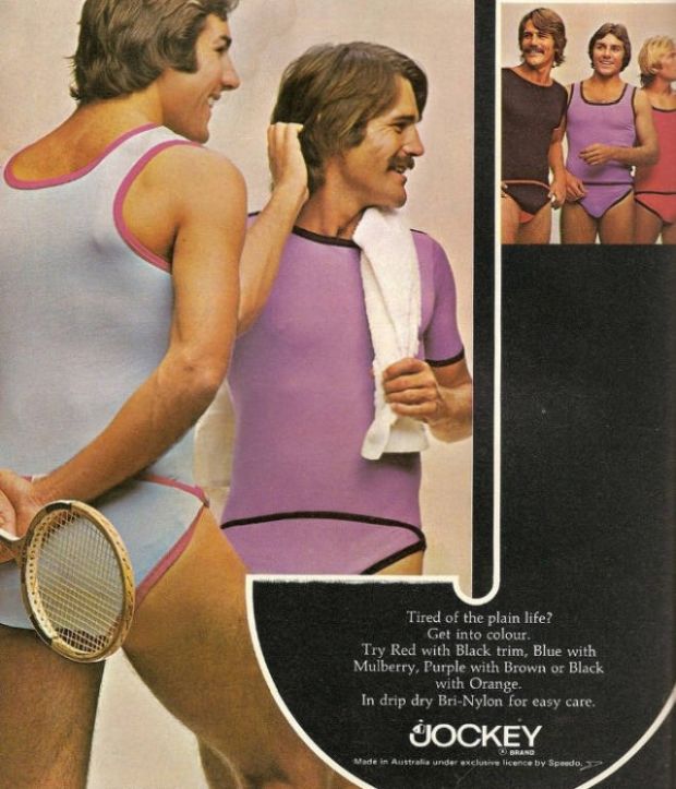 70s badminton - Tired of the plain life? Get into colour. Try Red with Black trim, Blue with Mulberry, Purple with Brown or Black with Orange. In drip dry BriNylon for easy care. Hockey Made in Australia under exclusive licence by Speedo.