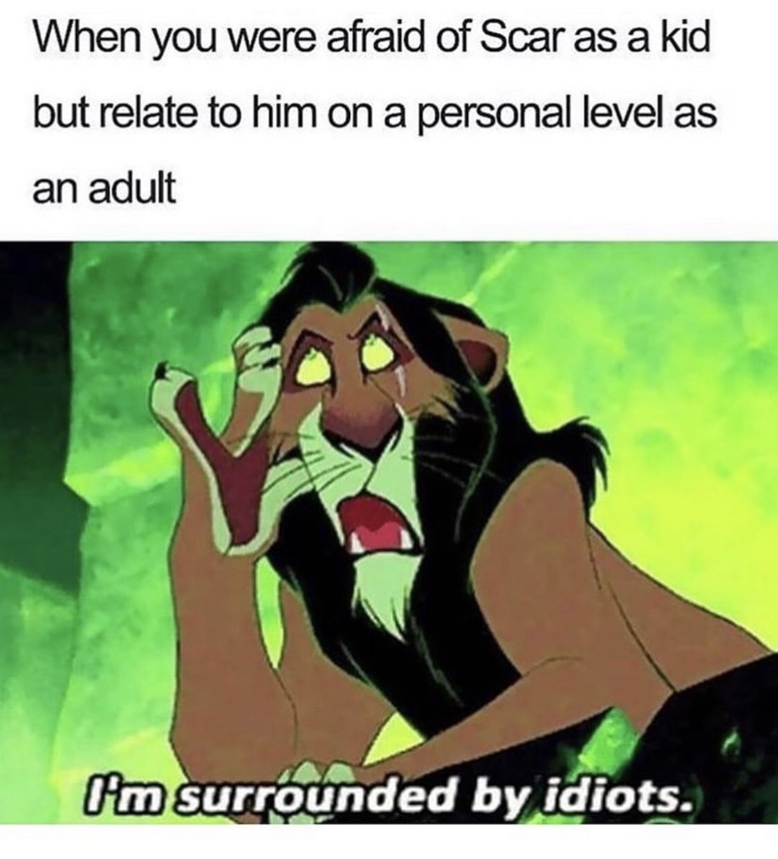 disney memes - When you were afraid of Scar as a kid but relate to him on a personal level as an adult I'm surrounded by idiots.