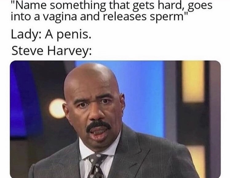 dank meme - "Name something that gets hard, goes into a vagina and releases sperm" Lady A penis. Steve Harvey