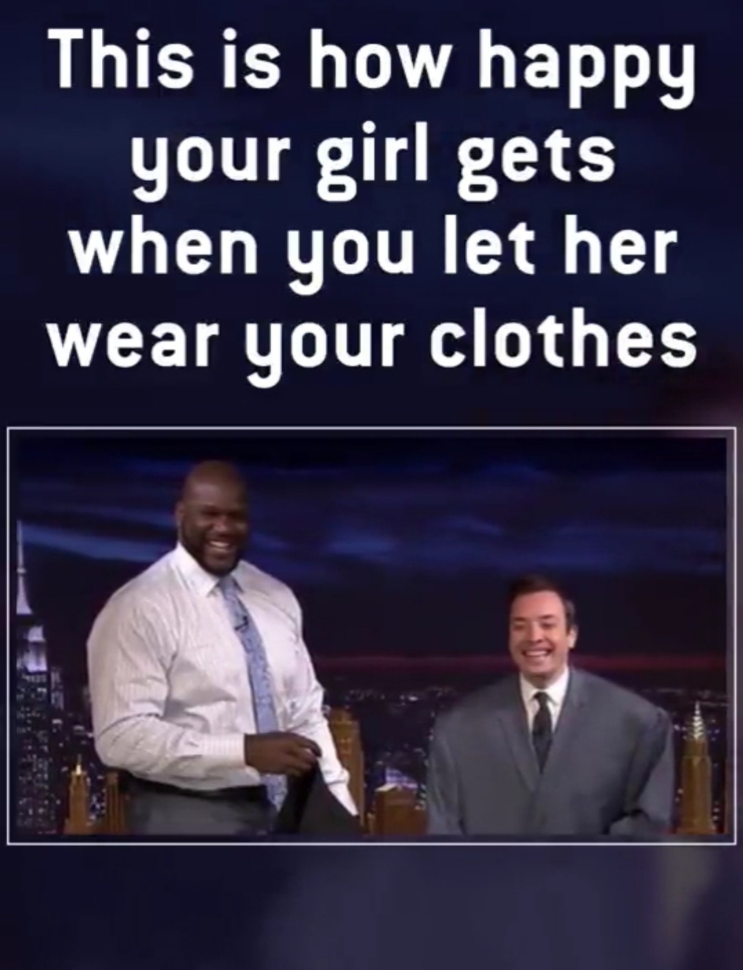 jimmy fallon in shaqs coat - This is how happy your girl gets when you let her wear your clothes