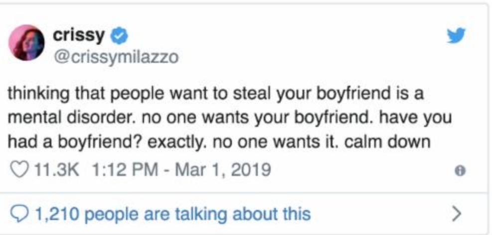 jahar tsarnaev tweets - crissy thinking that people want to steal your boyfriend is a mental disorder, no one wants your boyfriend. have you had a boyfriend? exactly, no one wants it. calm down 1,