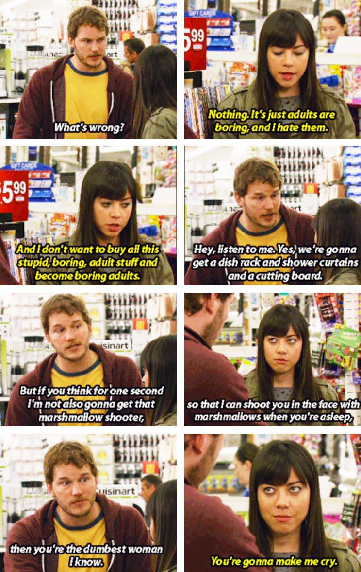 parks and rec andy and april meme - art Nothing. It's just adults are boring, and I hate them. What's wrong? I. Aca And I don't want to buy all this stupid, boring, adult stuff and become boring adults. Hey, listen to me. Yes, we're gonna get a dish rack 