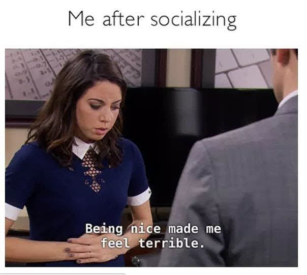 socializing meme - Me after socializing Being nice made me feel terrible.