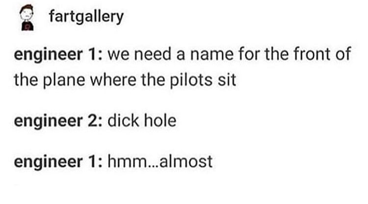 document - fartgallery engineer 1 we need a name for the front of the plane where the pilots sit engineer 2 dick hole engineer 1 hmm... almost