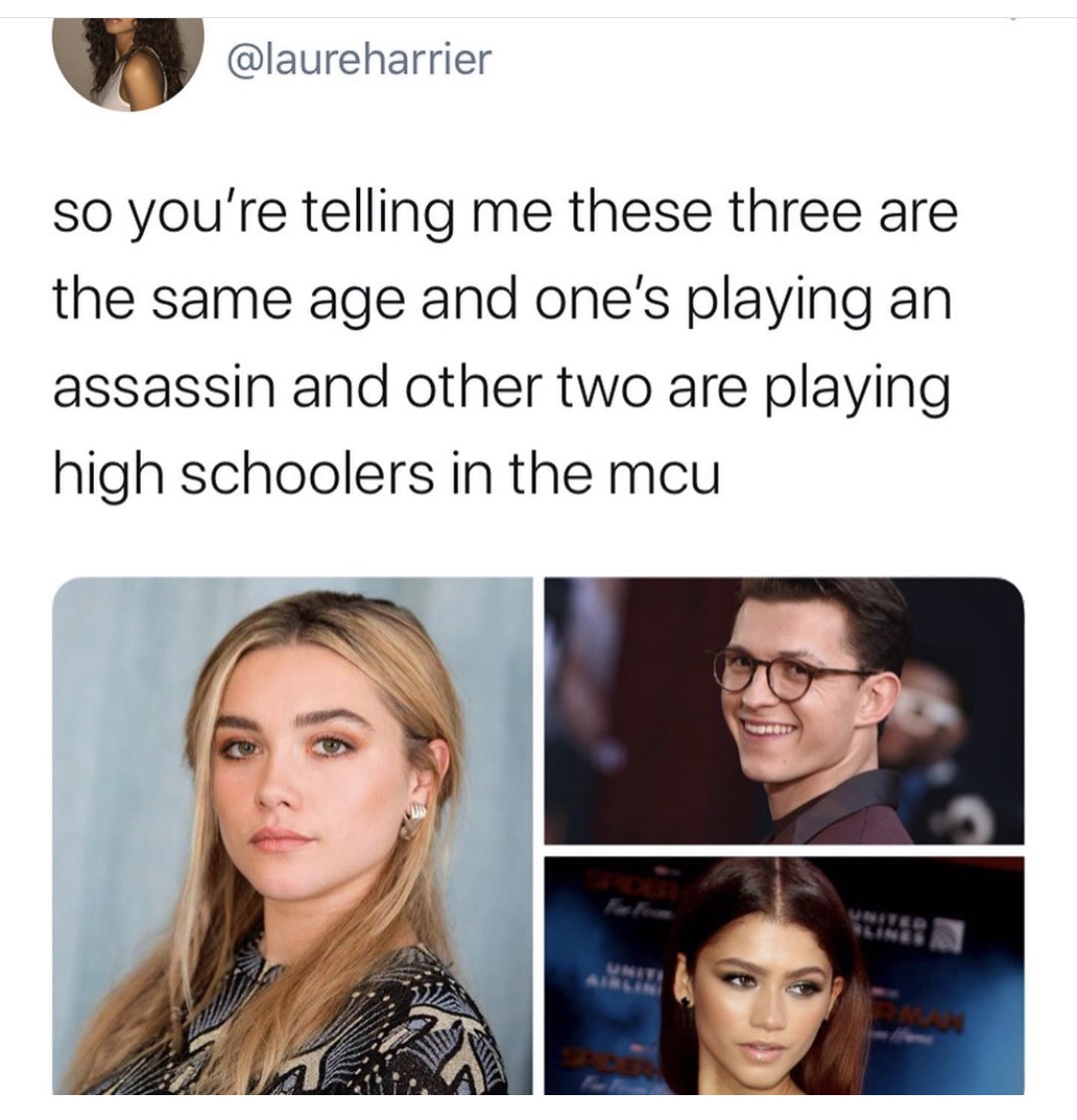human behavior - so you're telling me these three are the same age and one's playing an assassin and other two are playing high schoolers in the mcu