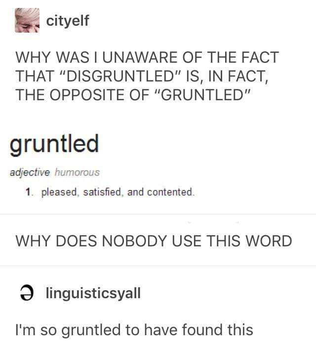 document - s cityelf Why Was I Unaware Of The Fact That "Disgruntled" Is, In Fact, The Opposite Of "Gruntled" gruntled adjective humorous 1. pleased, satisfied, and contented. Why Does Nobody Use This Word linguisticsyall I'm so gruntled to have found thi