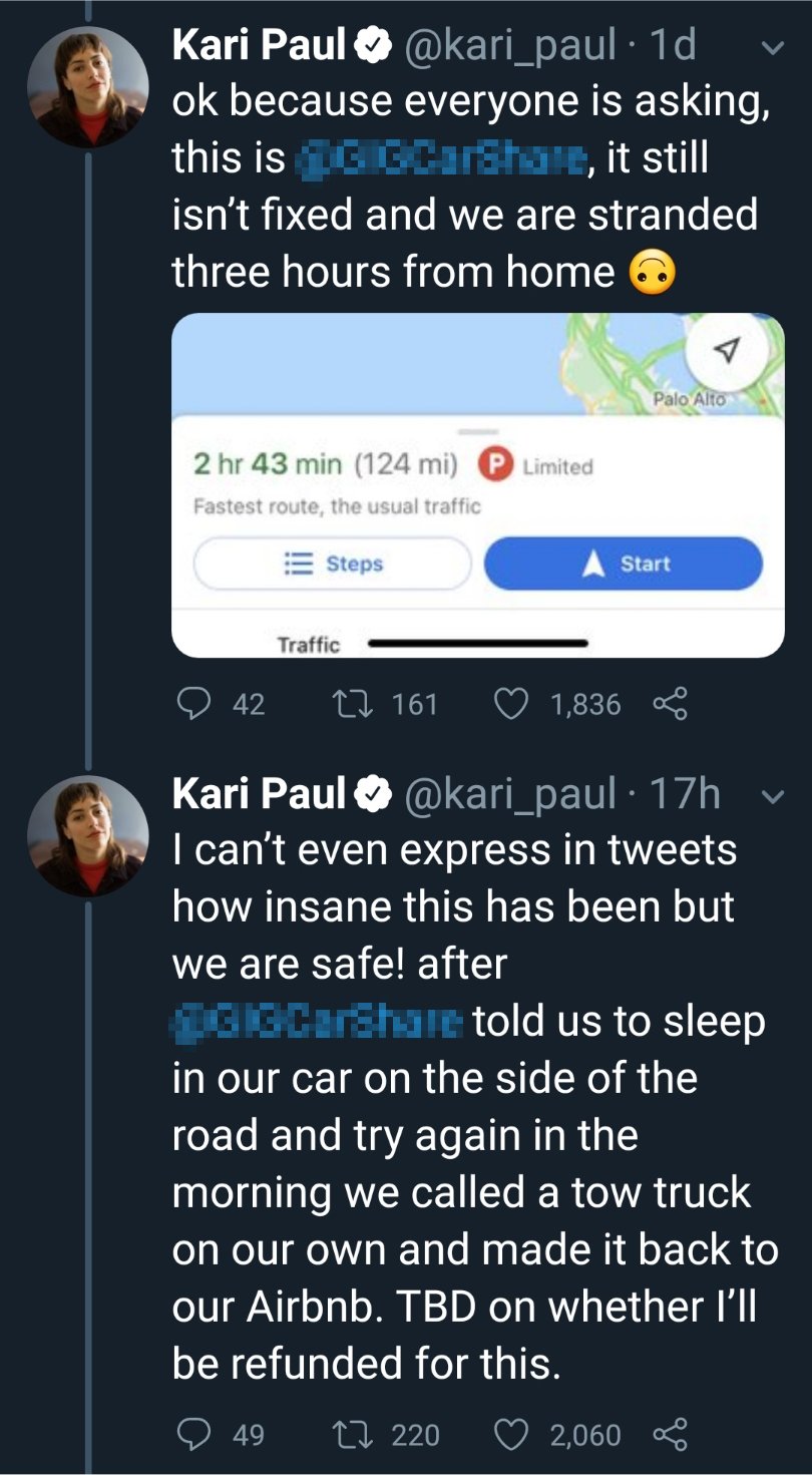 screenshot - Kari Paul 1d v ok because everyone is asking, this is Tgg Darshale, it still isn't fixed and we are stranded three hours from home Palo Alto Limited 2 hr 43 min 124 mi Fastest route, the usual traffic Steps Start Traffic '9 42 27 161 1,836 Ka