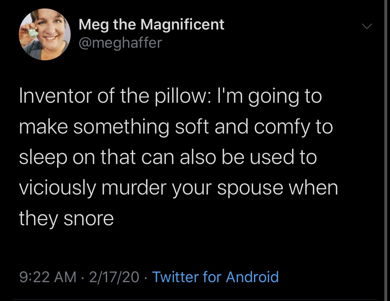 atmosphere - Meg the Magnificent Inventor of the pillow I'm going to make something soft and comfy to sleep on that can also be used to viciously murder your spouse when they snore 21720 Twitter for Android