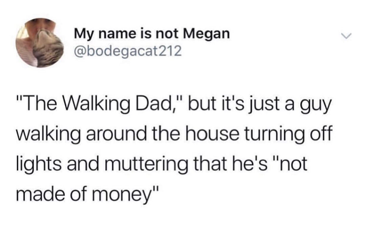 animal - My name is not Megan "The Walking Dad," but it's just a guy walking around the house turning off lights and muttering that he's "not made of money"