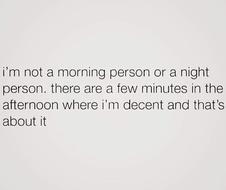 angle - i'm not a morning person or a night person. there are a few minutes in the afternoon where i'm decent and that's about it
