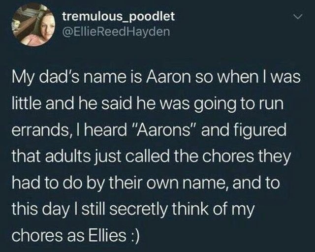 dank christian memes - tremulous_poodlet ReedHayden My dad's name is Aaron so when I was little and he said he was going to run errands, I heard "Aarons" and figured that adults just called the chores they had to do by their own name, and to this day I st