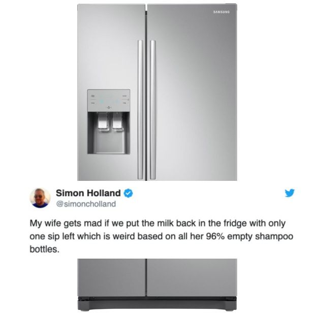 american fridge freezer - Samsung Simon Holland My wife gets mad if we put the milk back in the fridge with only one sip left which is weird based on all her 96% empty shampoo bottles.