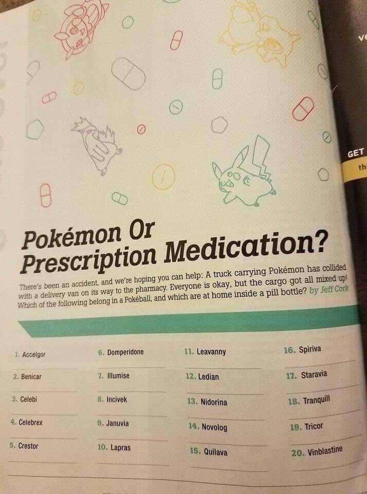 pokemon or medication - Get th e Pokmon Or Prescription Medication? There's been an accident, and we're hoping you can help A truck carrying Pokmon has collided with a delivery van on its way to the pharmacy. Everyone is okay, but the cargo got all mixed 