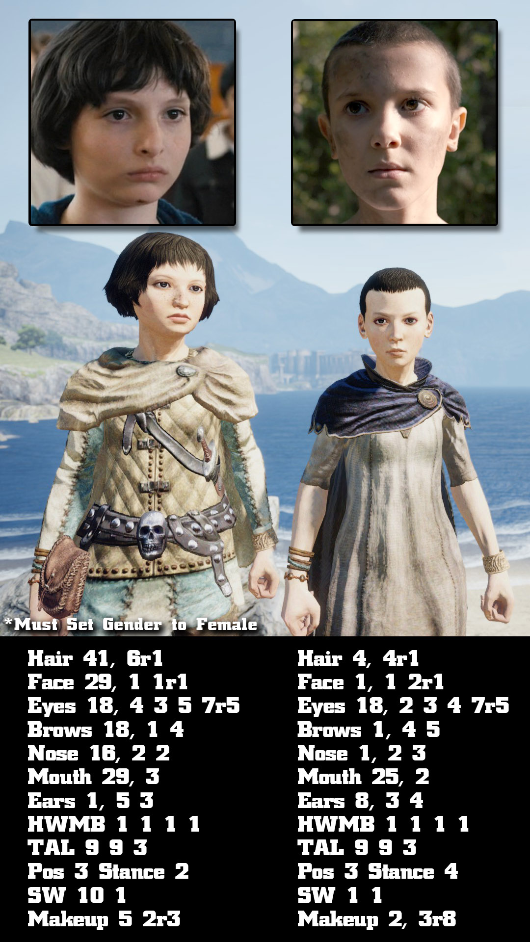 Dragon Dogma Dark Arisen - dragon's dogma character creation - caused Must Set Gender to Female Hair 41, 6r1 Face 29, 1 1r1 Eyes 18, 4 3 5 7r5 Brows 18, 14 Nose 16, 22 Mouth 29, 3 Ears 1, 5 3 Hwmb 1 1 1 1 Tal 9 9 3 Pos 3 Stance 2 Sw 10 1 Makeup 5 2r3 Hair