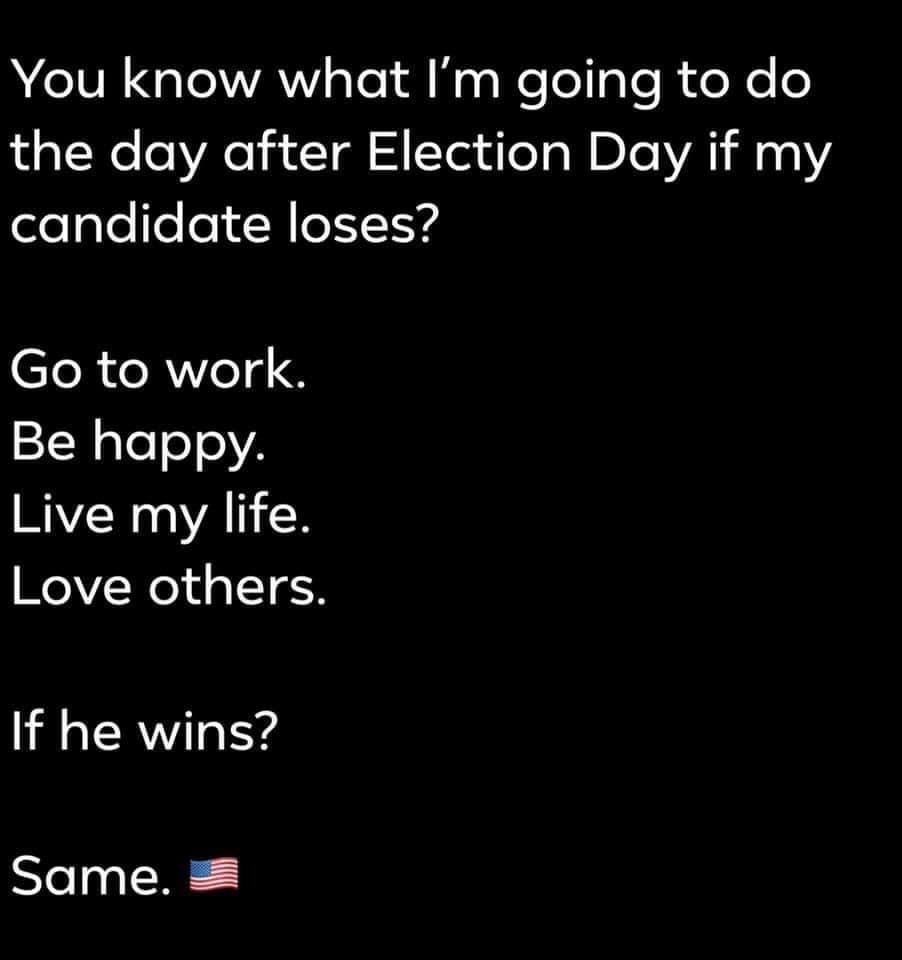 angle - You know what I'm going to do the day after Election Day if my candidate loses? Go to work. Be happy. Live my life. Love others. If he wins? Same. 3