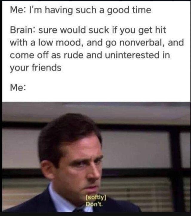 uninterested meme - Me I'm having such a good time Brain sure would suck if you get hit with a low mood, and go nonverbal, and come off as rude and uninterested in your friends Me softly Don't.