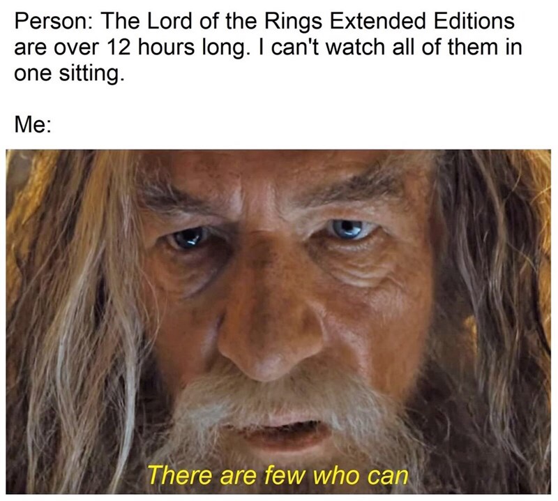 lord of the rings memes - Person The Lord of the Rings Extended Editions are over 12 hours long. I can't watch all of them in one sitting. Me There are few who can