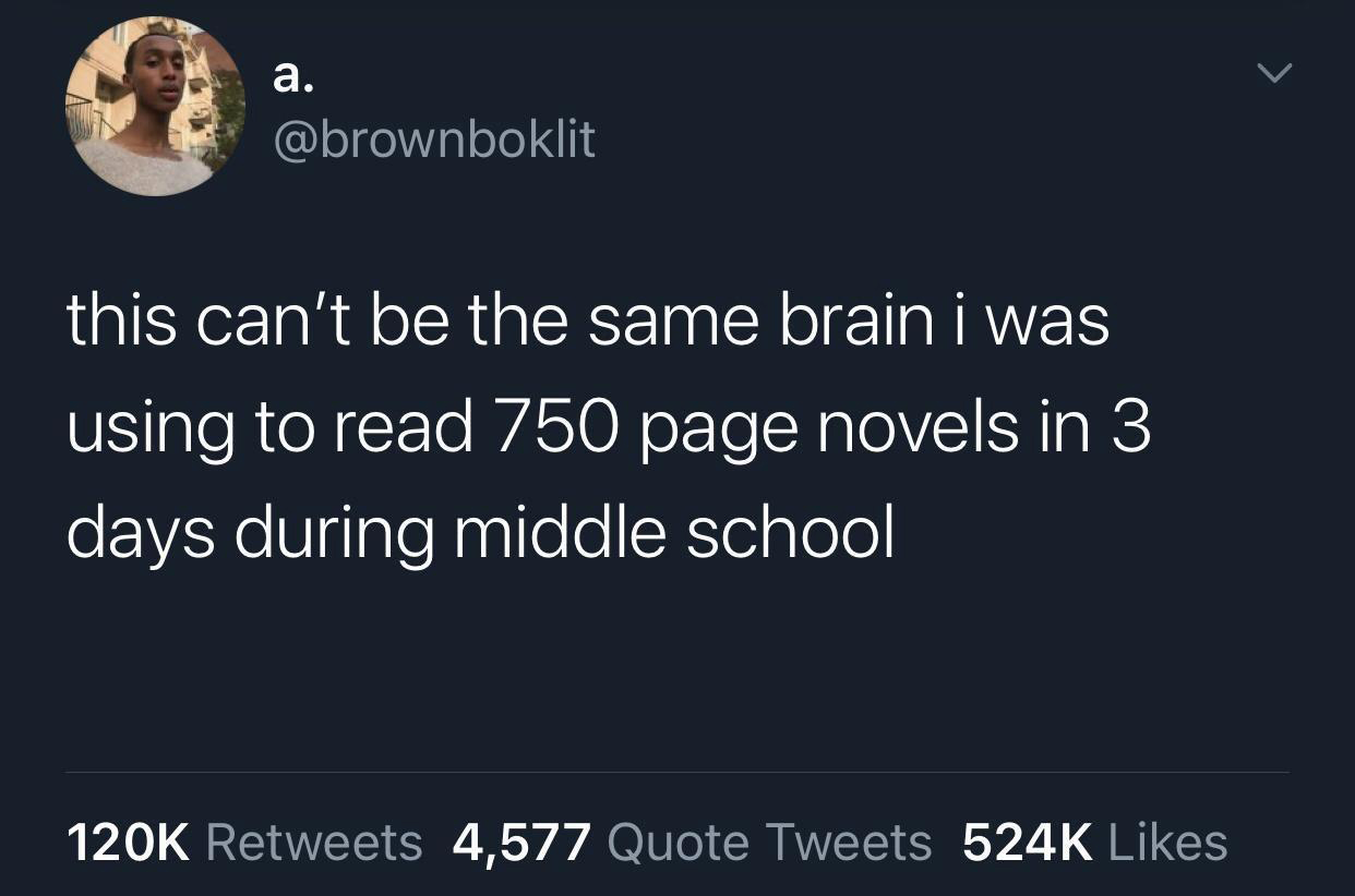 can t catch you if - a. this can't be the same brain i was using to read 750 page novels in 3 days during middle school 4,577 Quote Tweets