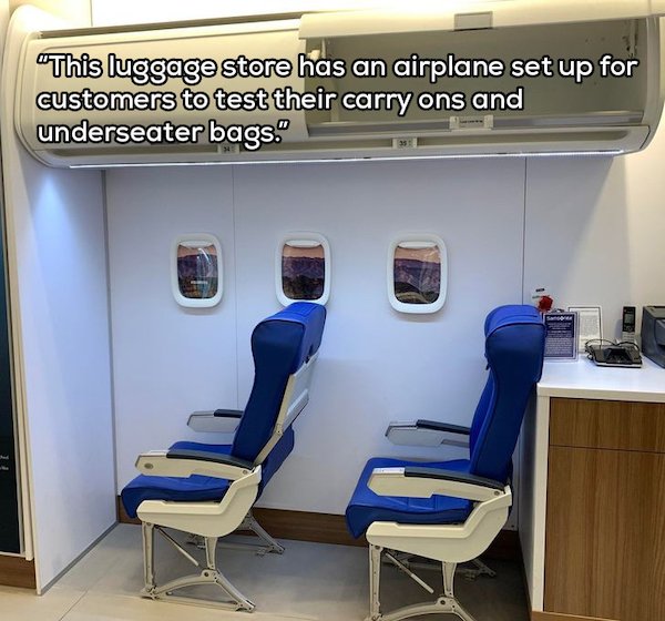 Design - 'This luggage store has an airplane set up for customers to test their carry ons and underseater bags.'
