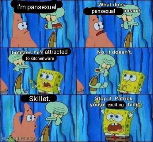 dank spongebob memes - I'm pansexual What does pansexual mean No, it doesn't It means he's attracted to kitchenware Skillet. Stop it, Patrick you're exciting him! Spongebob Daly