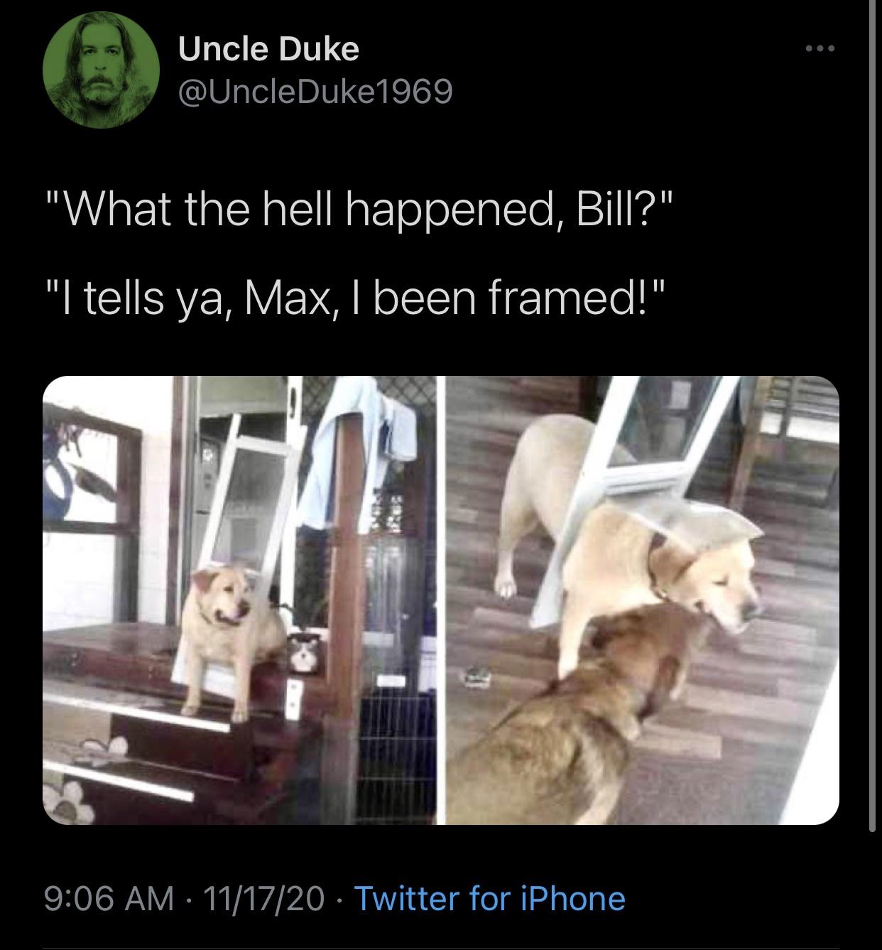 photo caption - Uncle Duke "What the hell happened, Bill?" "I tells ya, Max, I been framed!" 111720 Twitter for iPhone