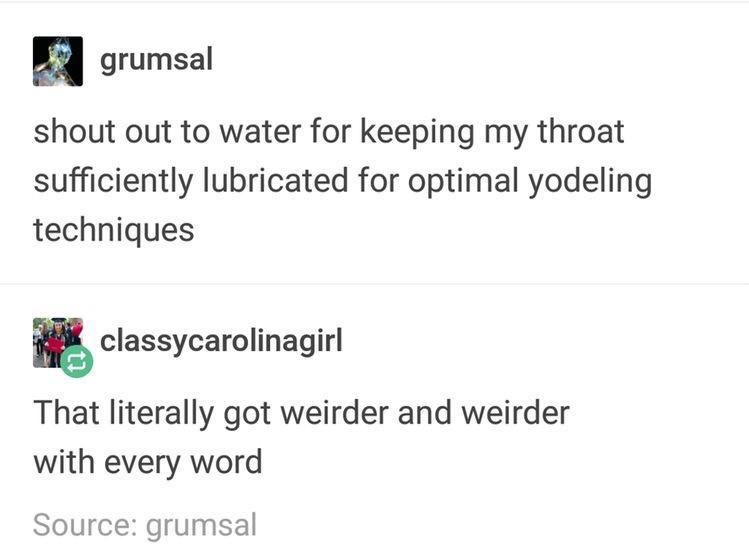 funny throat tumblr posts - grumsal shout out to water for keeping my throat sufficiently lubricated for optimal yodeling techniques classycarolinagirl That literally got weirder and weirder with every word Source grumsal