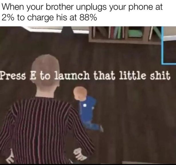 funny gaming memes - tiktok garbage - When your brother unplugs your phone at 2% to charge his at 88% Press E to launch that little shit er